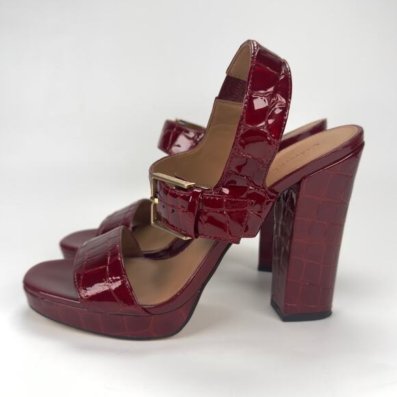 Calvin Klein Red Croc Leather Block Platform Heels Gold Buckle Size 8.5 - Picture 2 of 10